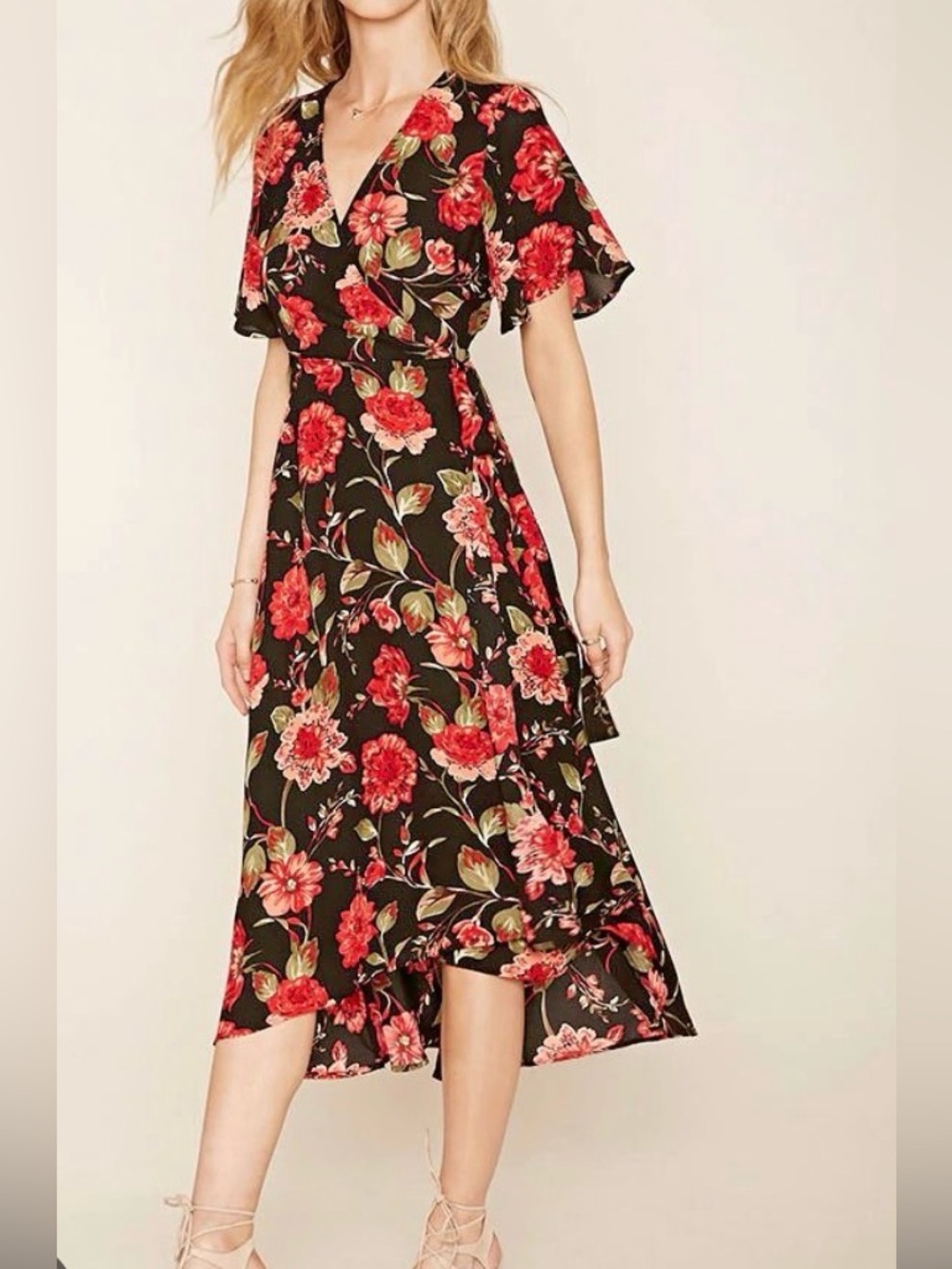 Forever 21 Black Wrap Dress with slight High-Low and Red Floral Print